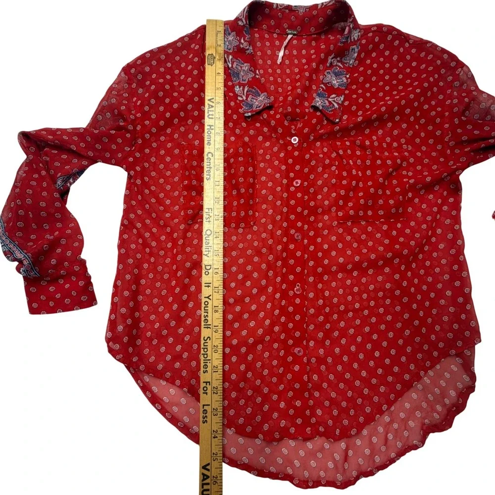 Free People Button Down Red Floral Medallion Sheer Shirt‎ Paisley XS Boho